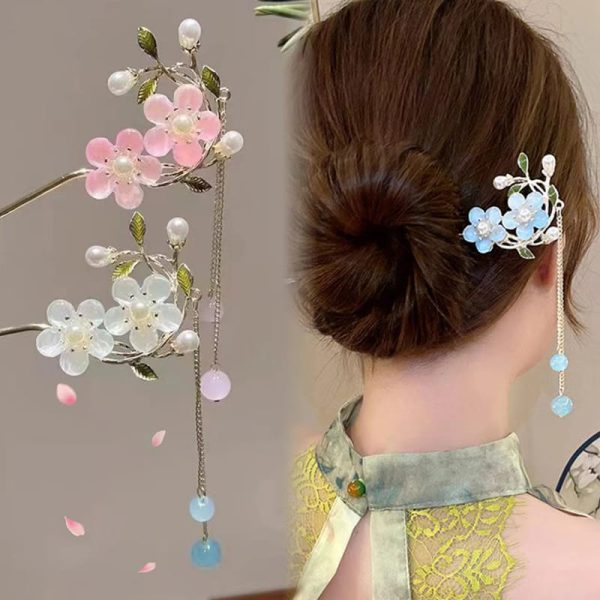 Vintage Floral Tassel Hair Stick – Elegant Chinese-Style Metal Hairpin for Women